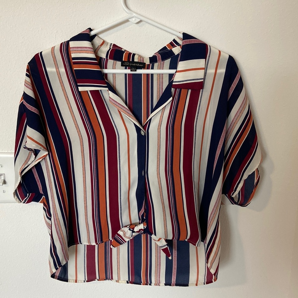 Cropped front tie striped button down